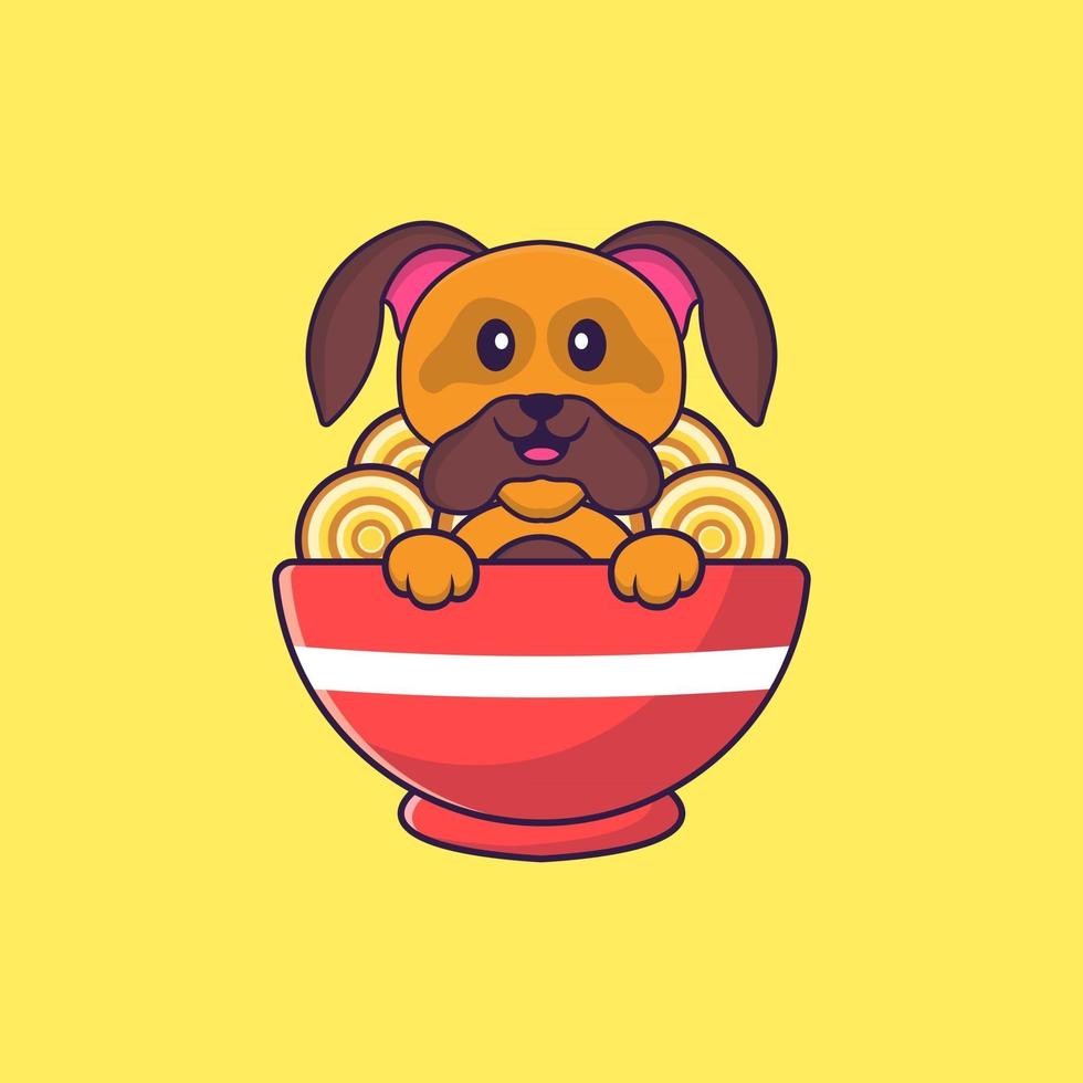 Cute dog eating ramen noodles. Animal cartoon concept isolated. Can used for t-shirt, greeting card, invitation card or mascot. Flat Cartoon Style vector