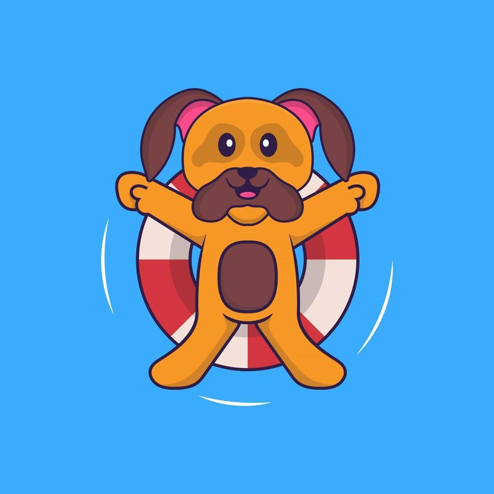 lindo perro está nadando con una boya. aislado concepto de dibujos animados de animales. Puede utilizarse para camiseta, tarjeta de felicitación, tarjeta de invitación o mascota. estilo de dibujos animados plana vector