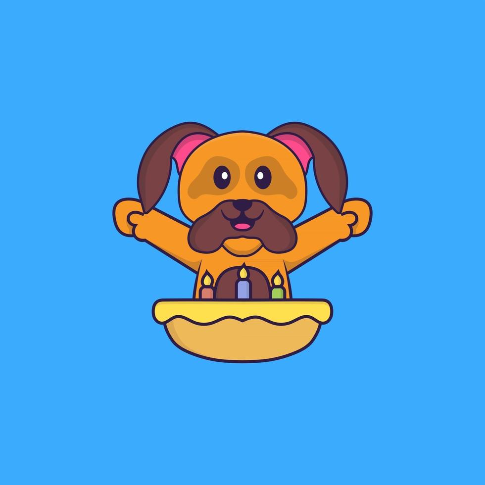 Cute dog with birthday cake. Animal cartoon concept isolated. Can used for t-shirt, greeting card, invitation card or mascot. Flat Cartoon Style vector