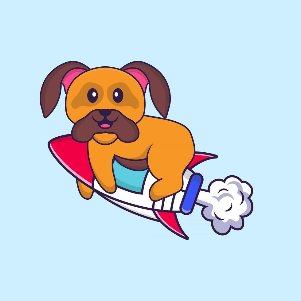 Cute dog flying on rocket. Animal cartoon concept isolated. Can used for t-shirt, greeting card, invitation card or mascot. Flat Cartoon Style vector