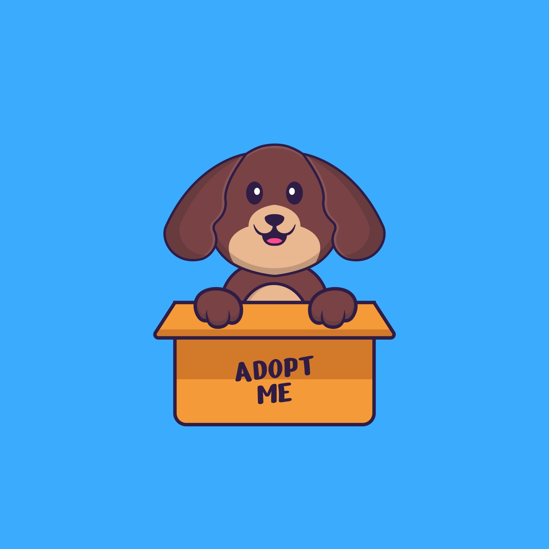 Cute dog in box with a poster Adopt me. Animal cartoon concept isolated.  Can used for t-shirt, greeting card, invitation card or mascot. Flat Cartoon  Style 2872874 Vector Art at Vecteezy
