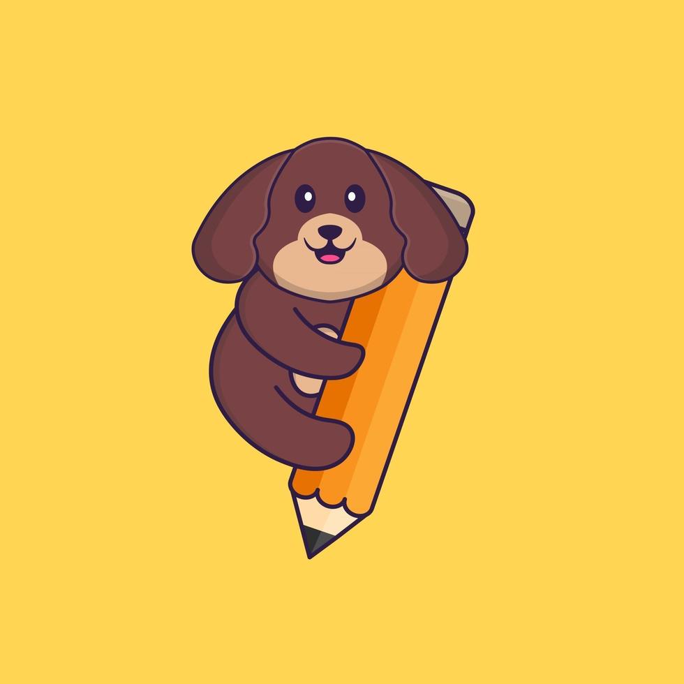 lindo perro sosteniendo un lápiz. aislado concepto de dibujos animados de animales. Puede utilizarse para camiseta, tarjeta de felicitación, tarjeta de invitación o mascota. estilo de dibujos animados plana vector