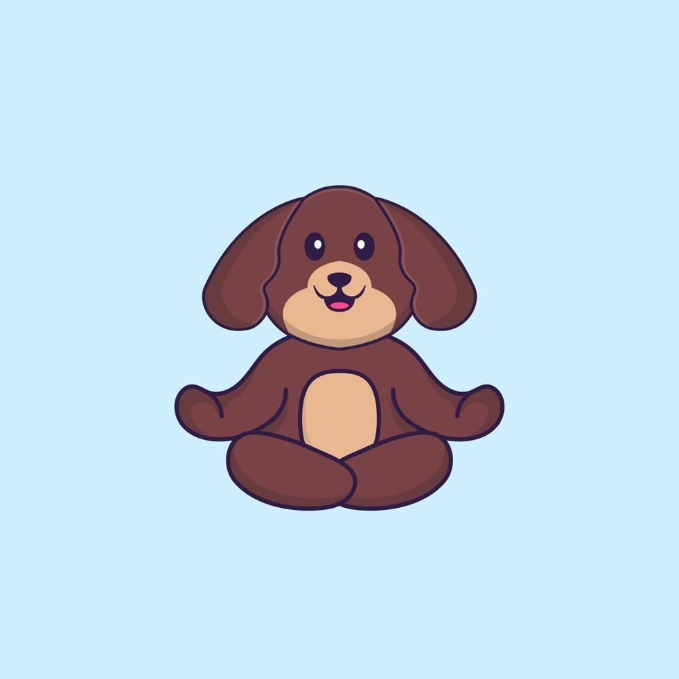 Cute dog is meditating or doing yoga. Animal cartoon concept isolated. Can used for t-shirt, greeting card, invitation card or mascot. Flat Cartoon Style vector