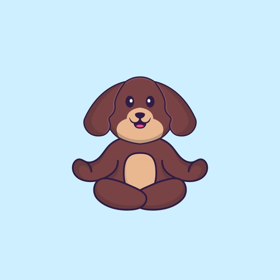 Cute dog is meditating or doing yoga. Animal cartoon concept isolated. Can used for t-shirt, greeting card, invitation card or mascot. Flat Cartoon Style vector