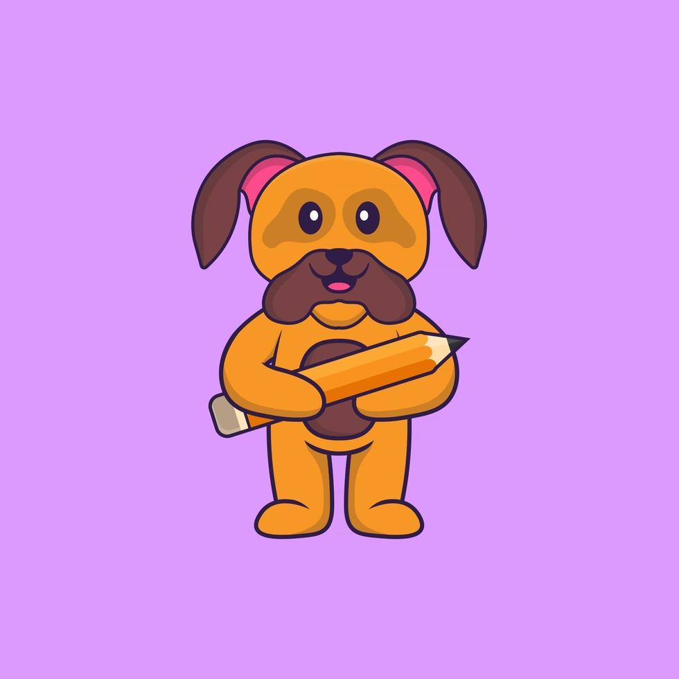 lindo perro sosteniendo un lápiz. aislado concepto de dibujos animados de animales. Puede utilizarse para camiseta, tarjeta de felicitación, tarjeta de invitación o mascota. estilo de dibujos animados plana vector