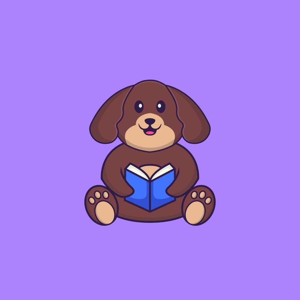 lindo perro leyendo un libro. aislado concepto de dibujos animados de animales. Puede utilizarse para camiseta, tarjeta de felicitación, tarjeta de invitación o mascota. estilo de dibujos animados plana vector