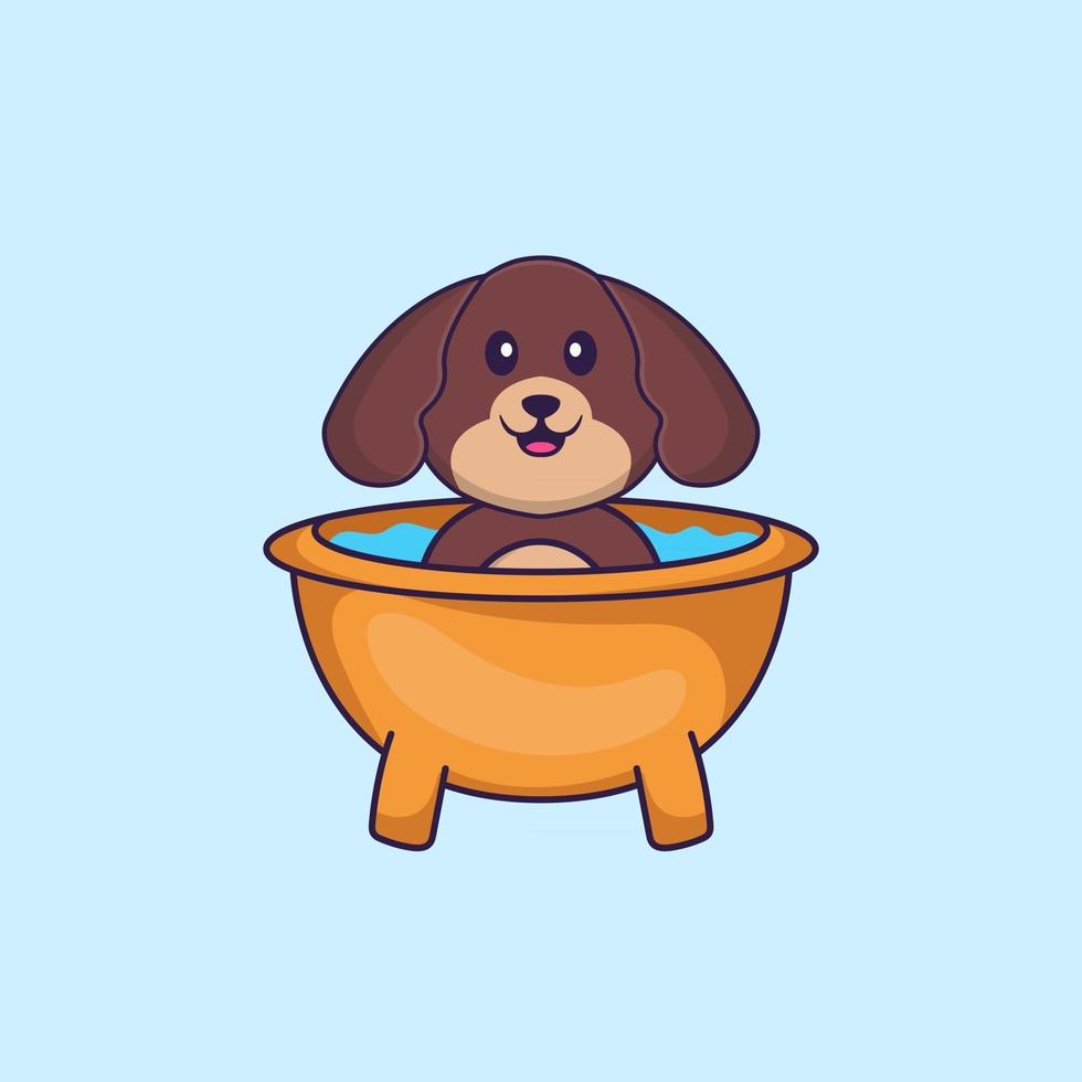 Cute dog taking a bath in the bathtub. Animal cartoon concept isolated. Can used for t-shirt, greeting card, invitation card or mascot. Flat Cartoon Style vector