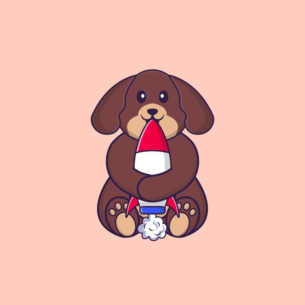 Cute dog holding a rocket. Animal cartoon concept isolated. Can used for t-shirt, greeting card, invitation card or mascot. Flat Cartoon Style vector