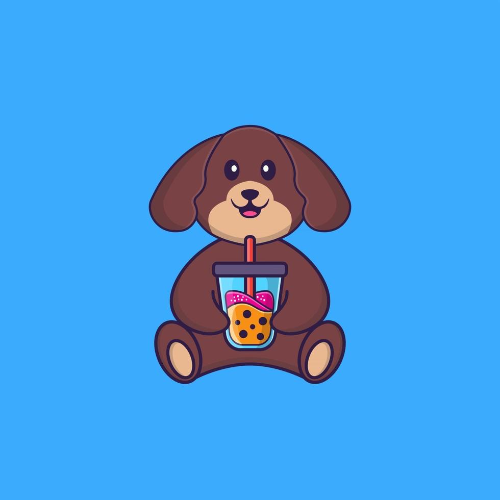 Cute dog Drinking Boba milk tea. Animal cartoon concept isolated. Can used for t-shirt, greeting card, invitation card or mascot. Flat Cartoon Style vector