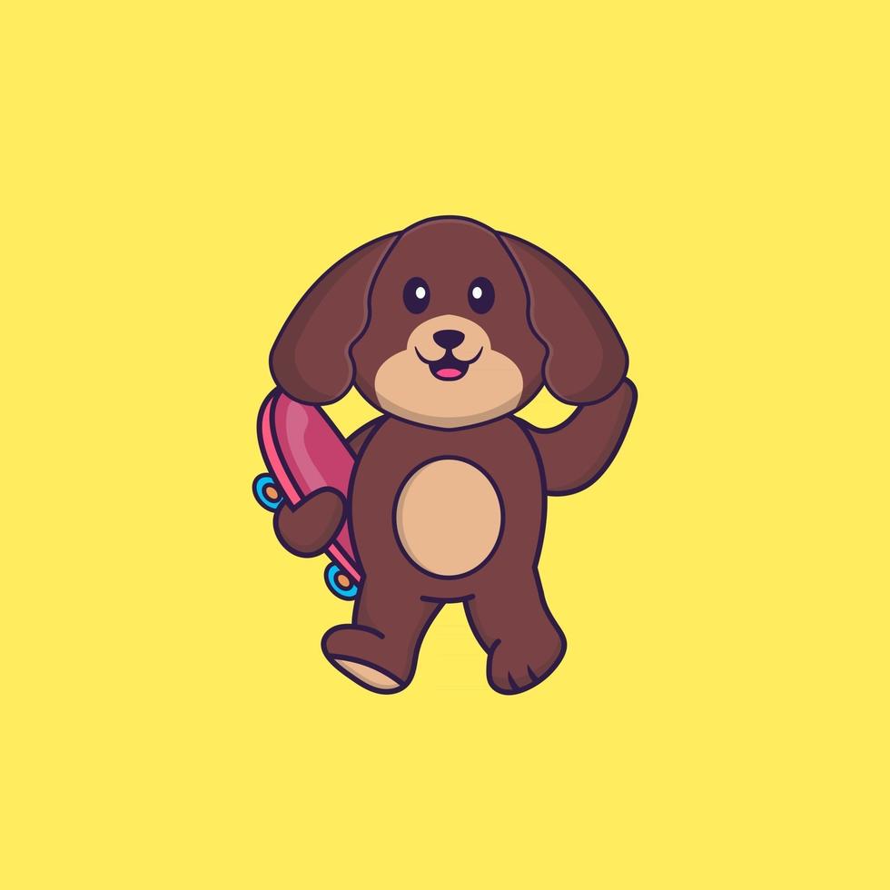 Cute dog holding a skateboard. Animal cartoon concept isolated. Can used for t-shirt, greeting card, invitation card or mascot. Flat Cartoon Style vector