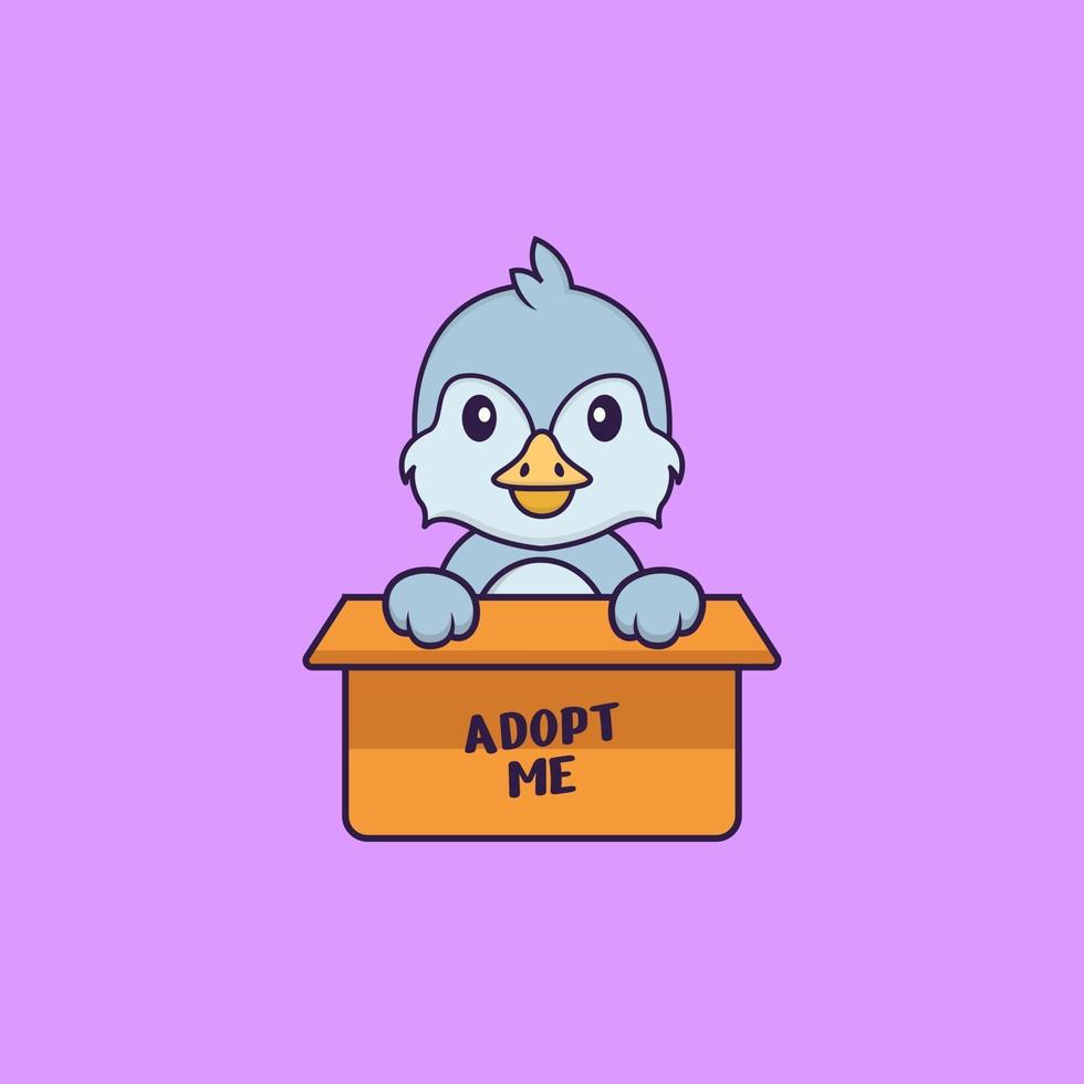 Cute bird in box with a poster Adopt me. Animal cartoon concept isolated. Can used for t-shirt, greeting card, invitation card or mascot. Flat Cartoon Style vector