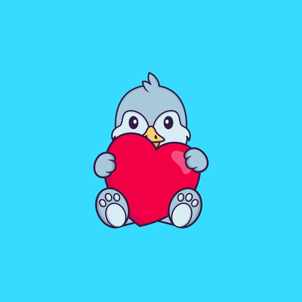 Cute bird holding a big red heart. Animal cartoon concept isolated. Can used for t-shirt, greeting card, invitation card or mascot. Flat Cartoon Style vector