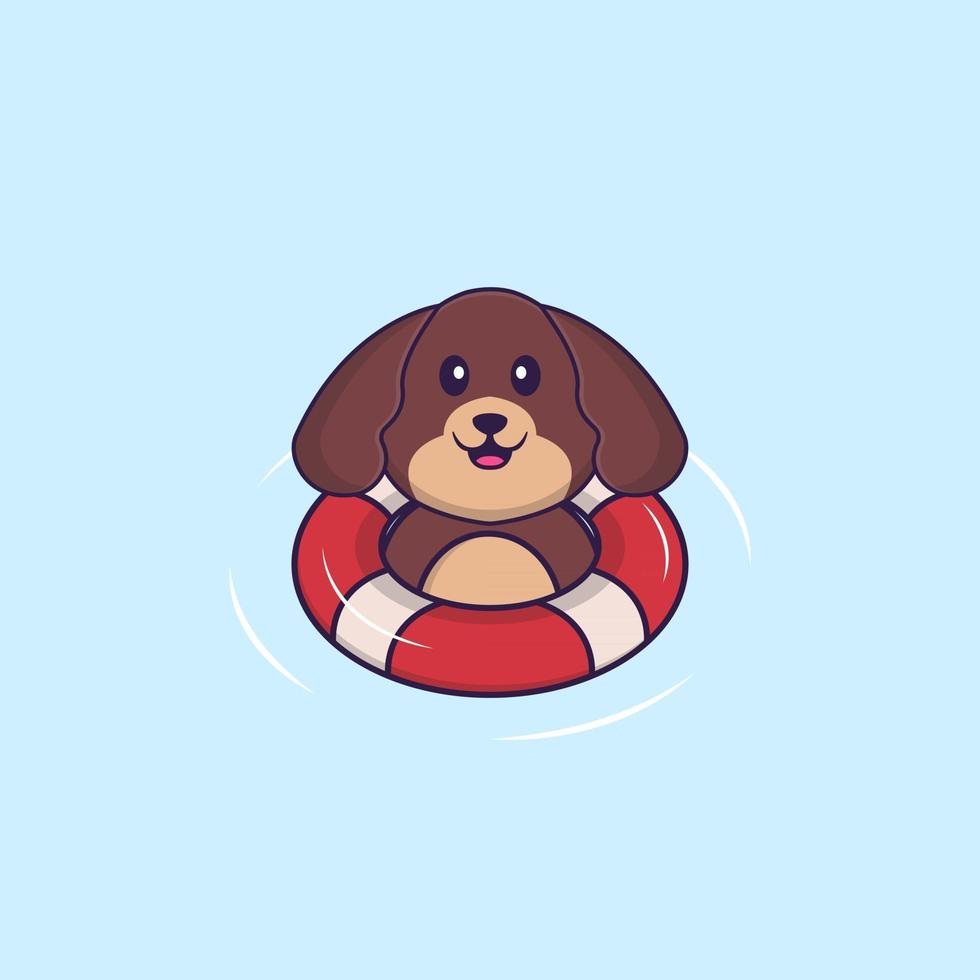 Cute dog is Swimming with a buoy. Animal cartoon concept isolated. Can used for t-shirt, greeting card, invitation card or mascot. Flat Cartoon Style vector