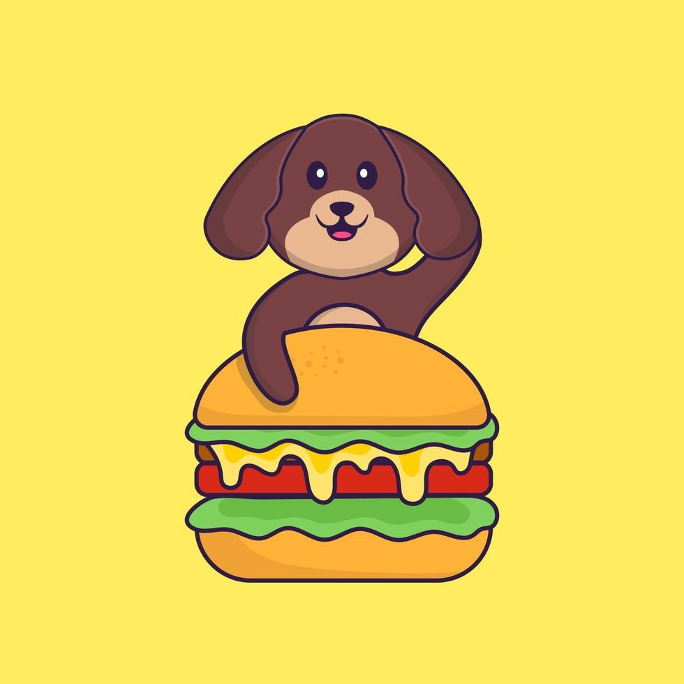 Cute dog eating burger. Animal cartoon concept isolated. Can used for t-shirt, greeting card, invitation card or mascot. Flat Cartoon Style vector