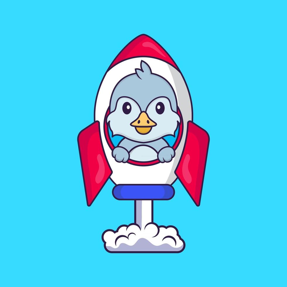 Cute bird flying on rocket. Animal cartoon concept isolated. Can used for t-shirt, greeting card, invitation card or mascot. Flat Cartoon Style vector