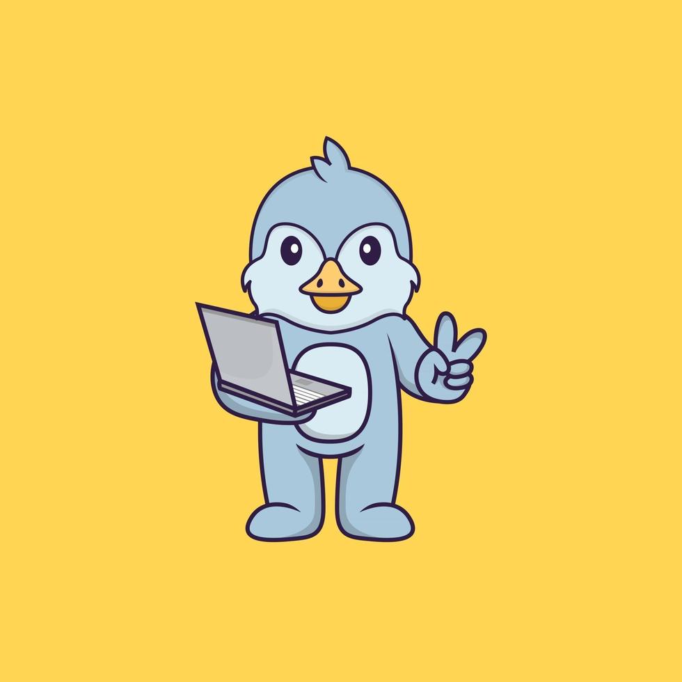Cute bird holding laptop. Animal cartoon concept isolated. Can used for t-shirt, greeting card, invitation card or mascot. Flat Cartoon Style vector