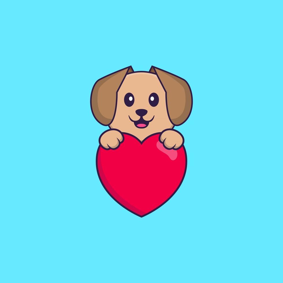 lindo perro sosteniendo un gran corazón rojo. aislado concepto de dibujos animados de animales. Puede utilizarse para camiseta, tarjeta de felicitación, tarjeta de invitación o mascota. estilo de dibujos animados plana vector