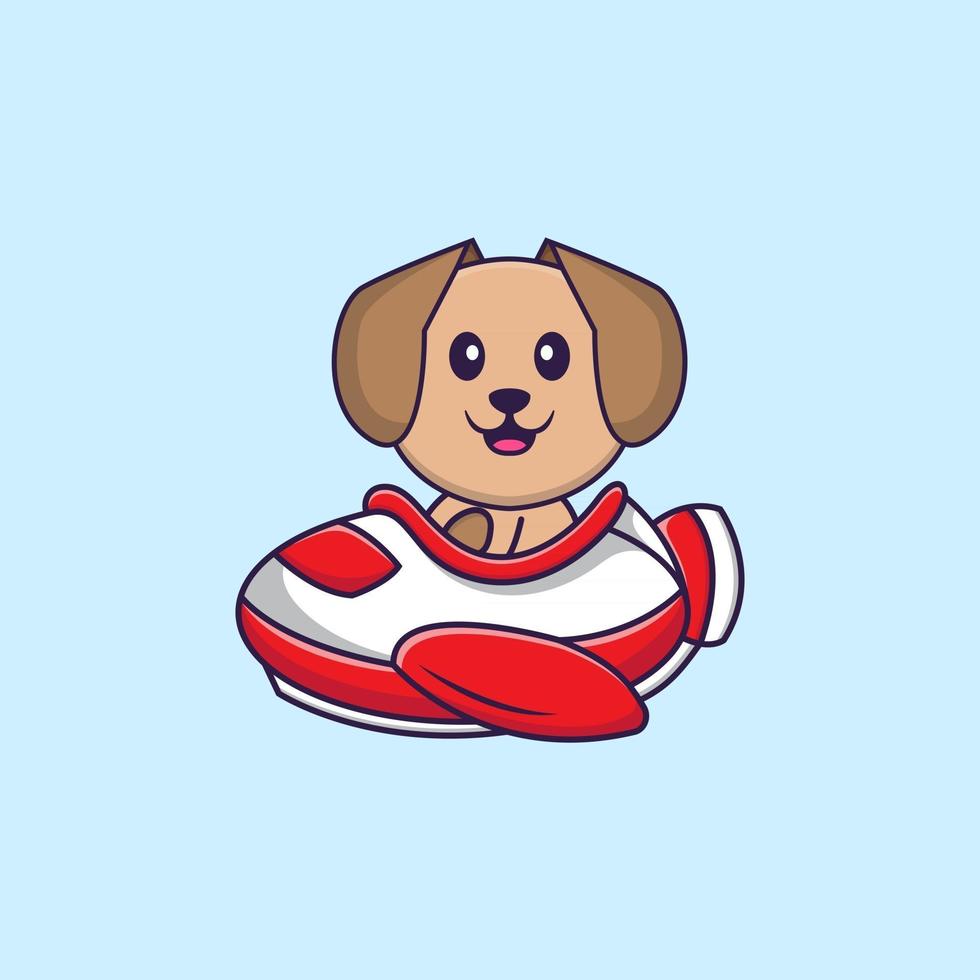 Cute dog flying on a plane. Animal cartoon concept isolated. Can used for t-shirt, greeting card, invitation card or mascot. Flat Cartoon Style vector