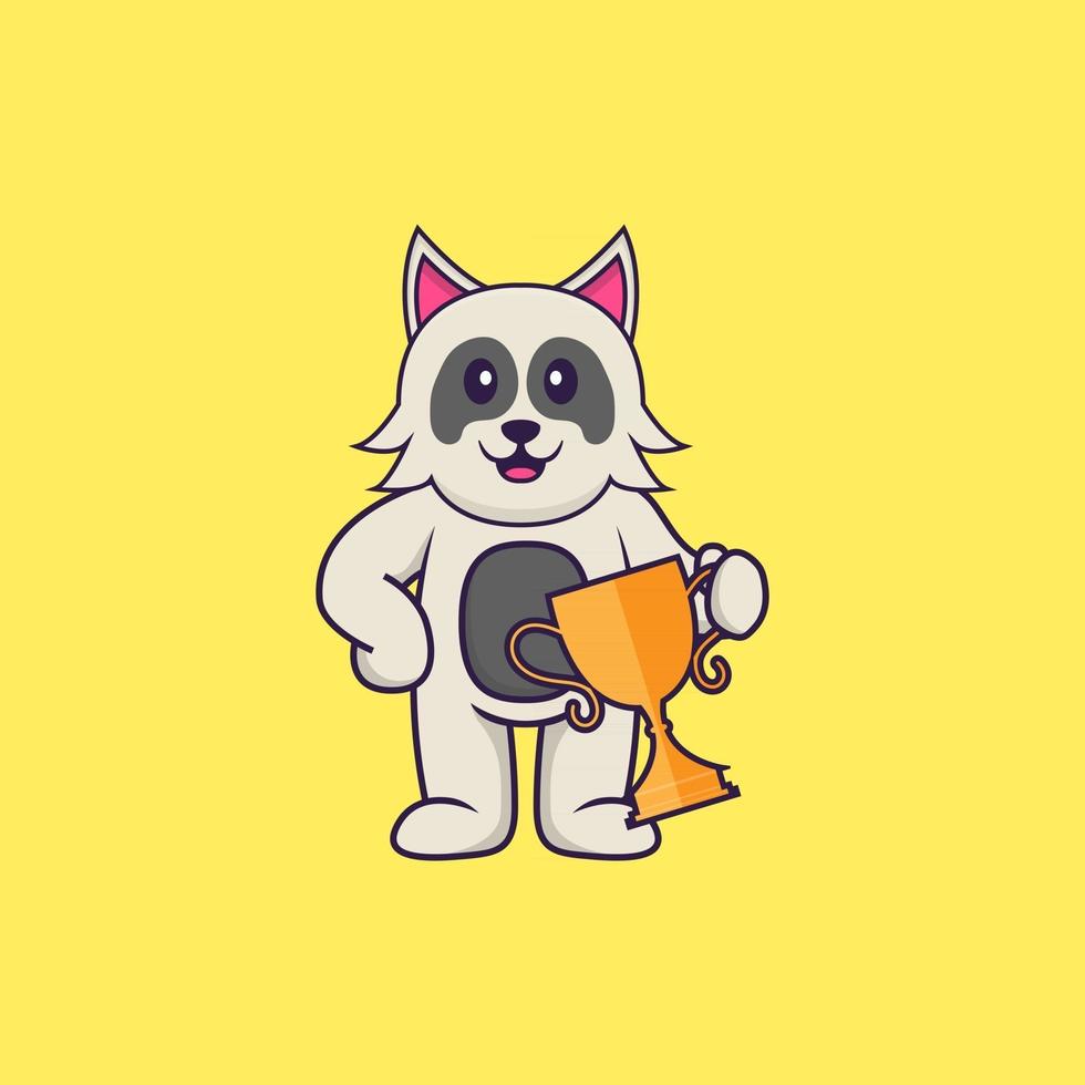 Cute dog holding gold trophy. Animal cartoon concept isolated. Can used for t-shirt, greeting card, invitation card or mascot. Flat Cartoon Style vector