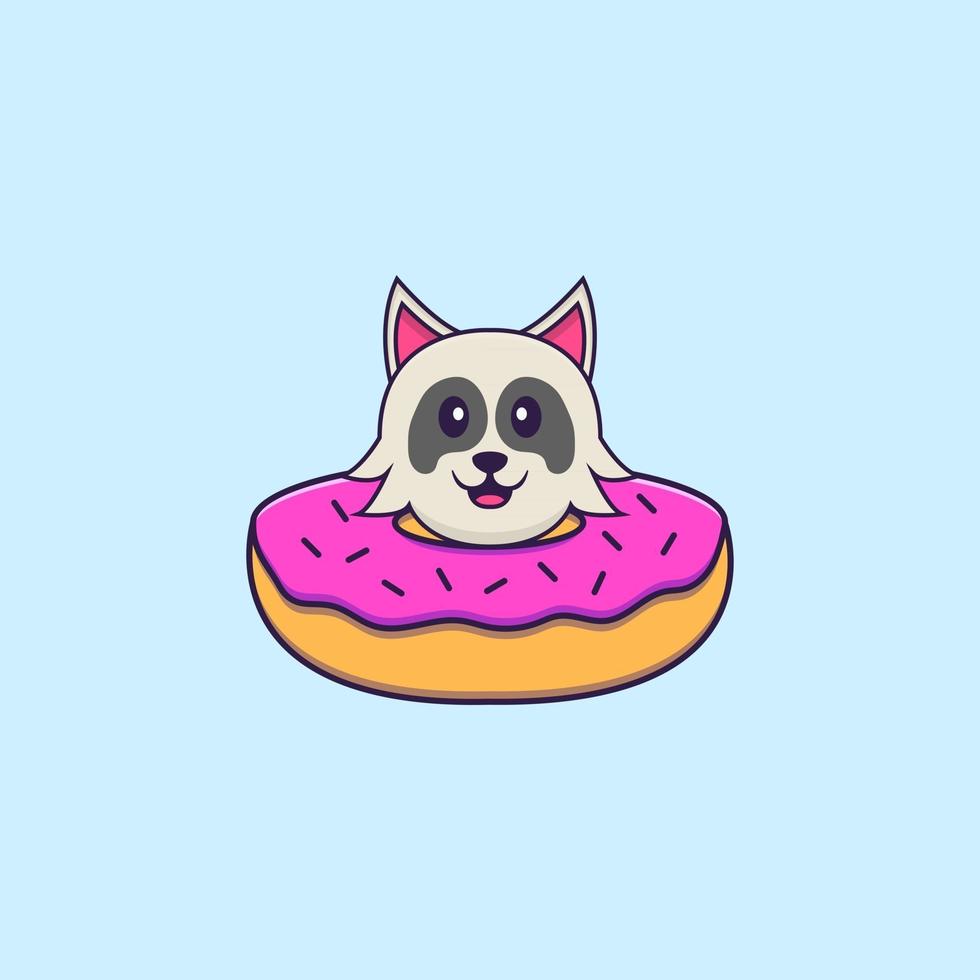 Cute dog with a donut on his neck. Animal cartoon concept isolated. Can used for t-shirt, greeting card, invitation card or mascot. Flat Cartoon Style vector