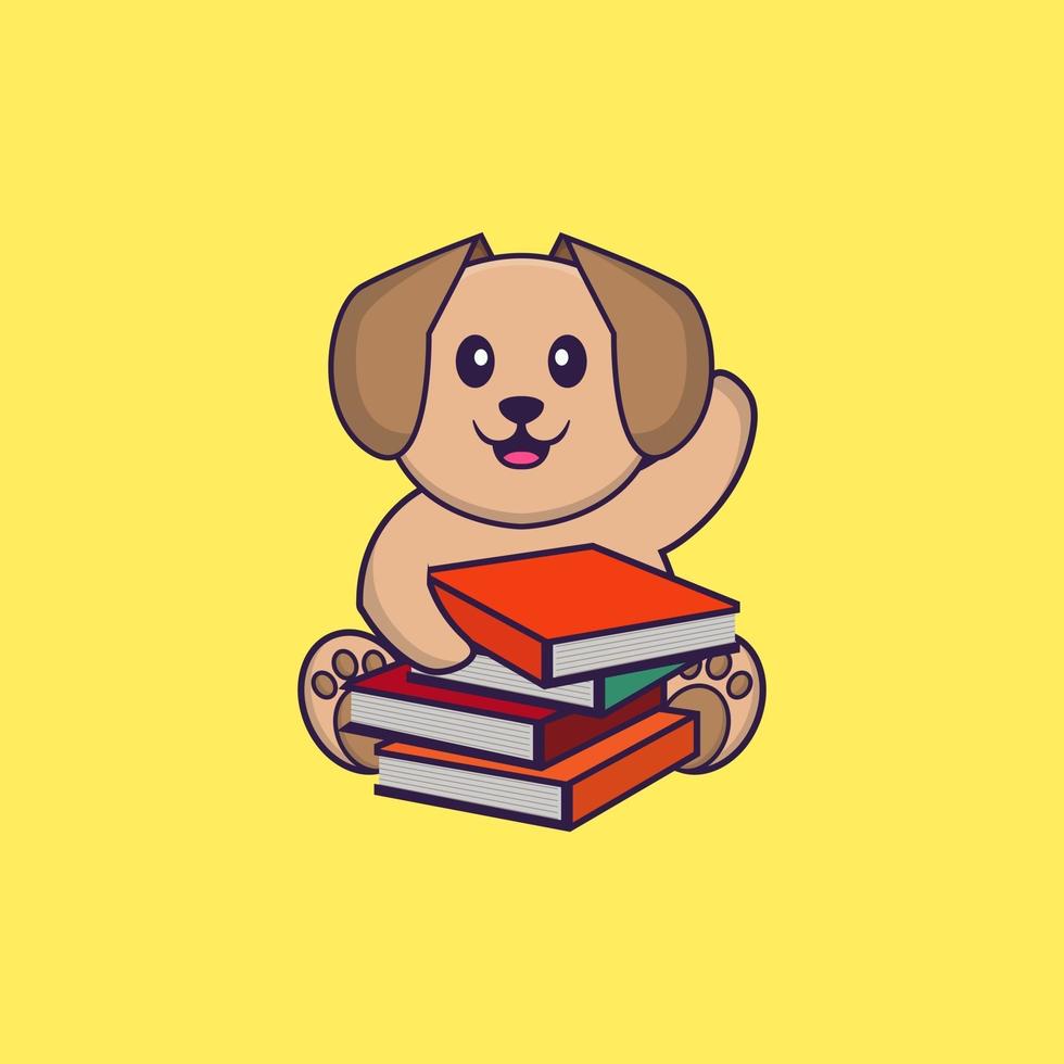 Cute dog reading a book. Animal cartoon concept isolated. Can used for t-shirt, greeting card, invitation card or mascot. flat cartoon style vector