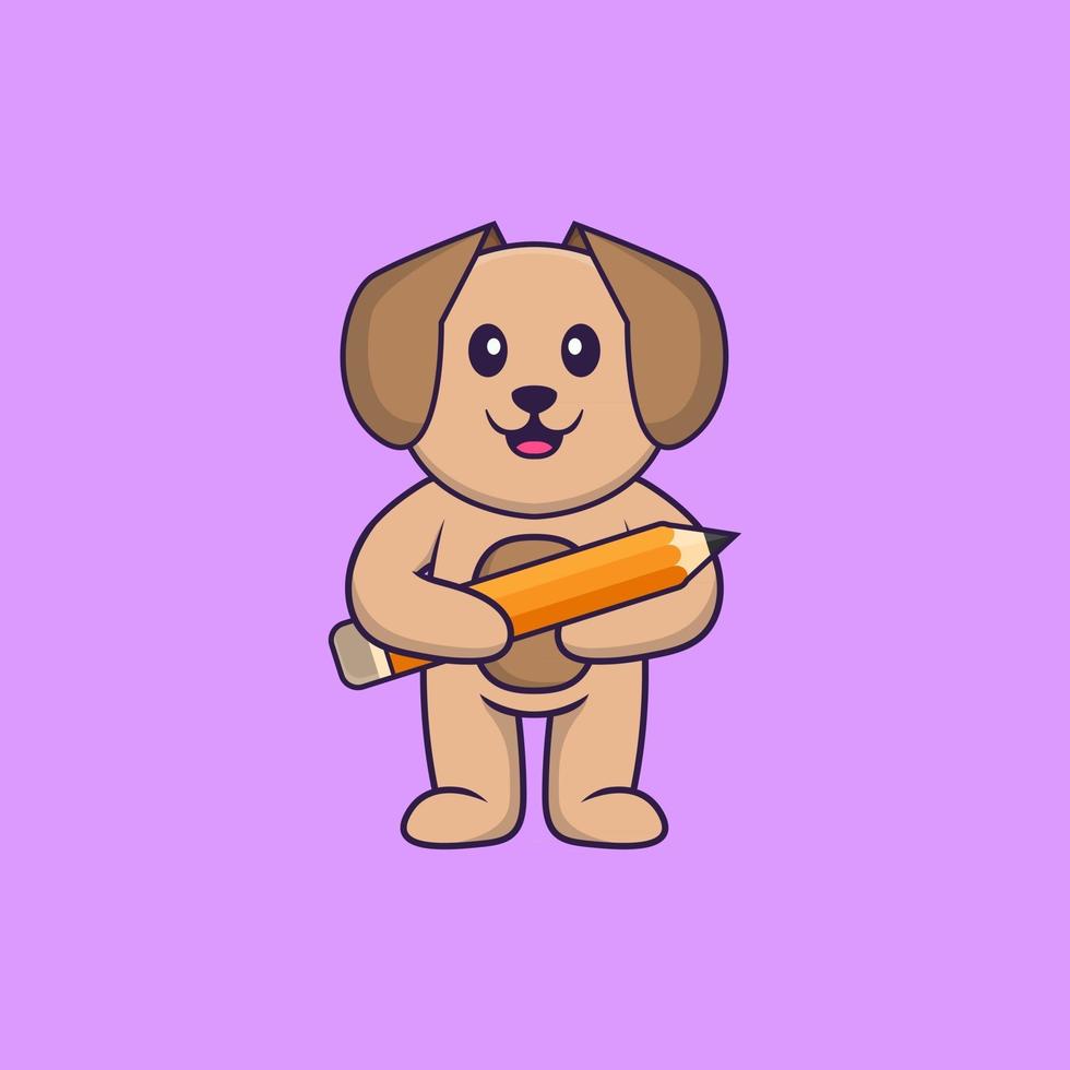 lindo perro sosteniendo un lápiz. aislado concepto de dibujos animados de animales. Puede utilizarse para camiseta, tarjeta de felicitación, tarjeta de invitación o mascota. estilo de dibujos animados plana vector