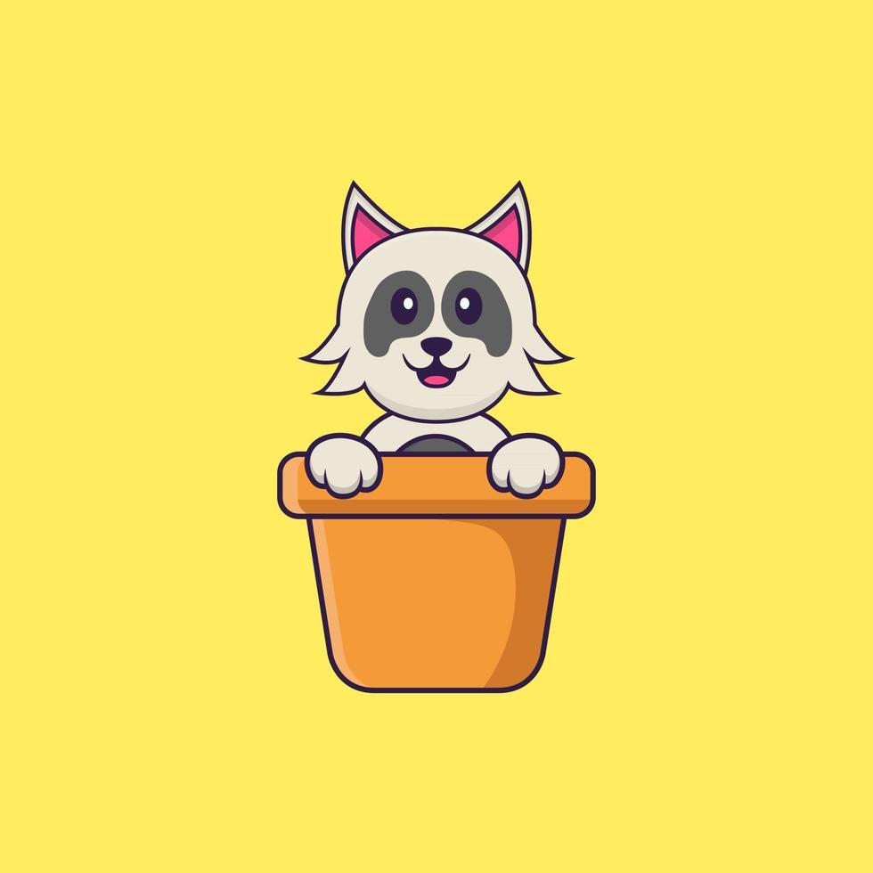 Cute dog in a flower vase. Animal cartoon concept isolated. Can used for t-shirt, greeting card, invitation card or mascot. Flat Cartoon Style vector