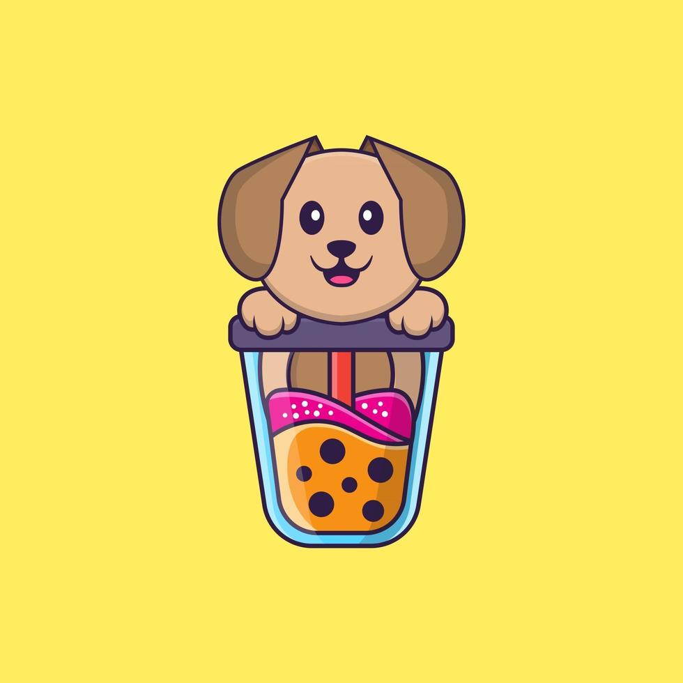 Cute dog Drinking Boba milk tea. Animal cartoon concept isolated. Can used for t-shirt, greeting card, invitation card or mascot. Flat Cartoon Style vector