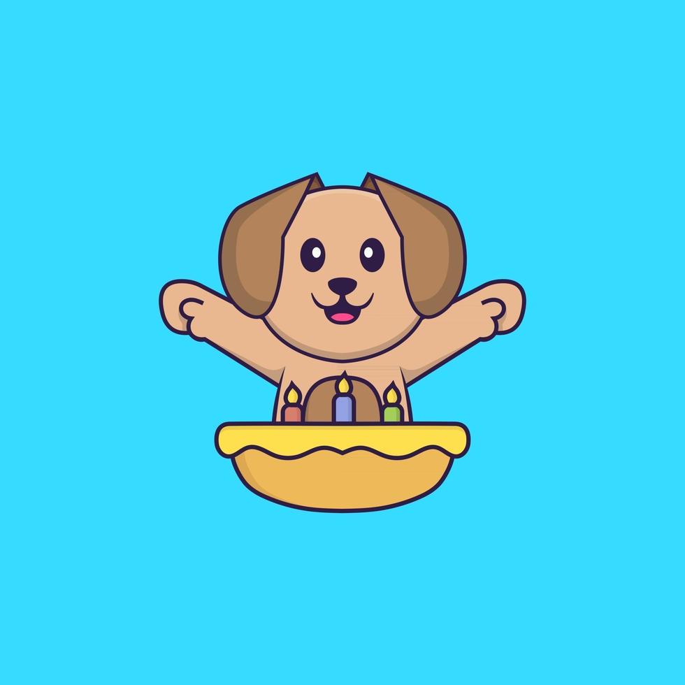 Cute dog with birthday cake. Animal cartoon concept isolated. Can used for t-shirt, greeting card, invitation card or mascot. Flat Cartoon Style vector