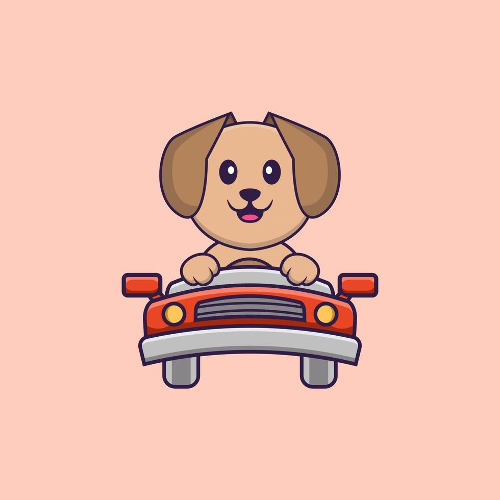 Cute dog is driving. Animal cartoon concept isolated. Can used for t-shirt, greeting card, invitation card or mascot. Flat Cartoon Style vector