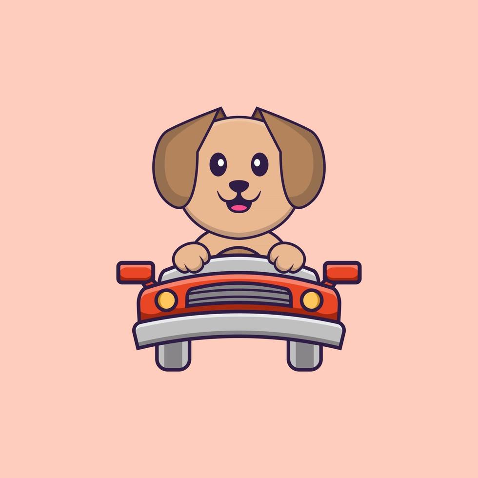 Cute dog is driving. Animal cartoon concept isolated. Can used for t-shirt, greeting card, invitation card or mascot. Flat Cartoon Style vector