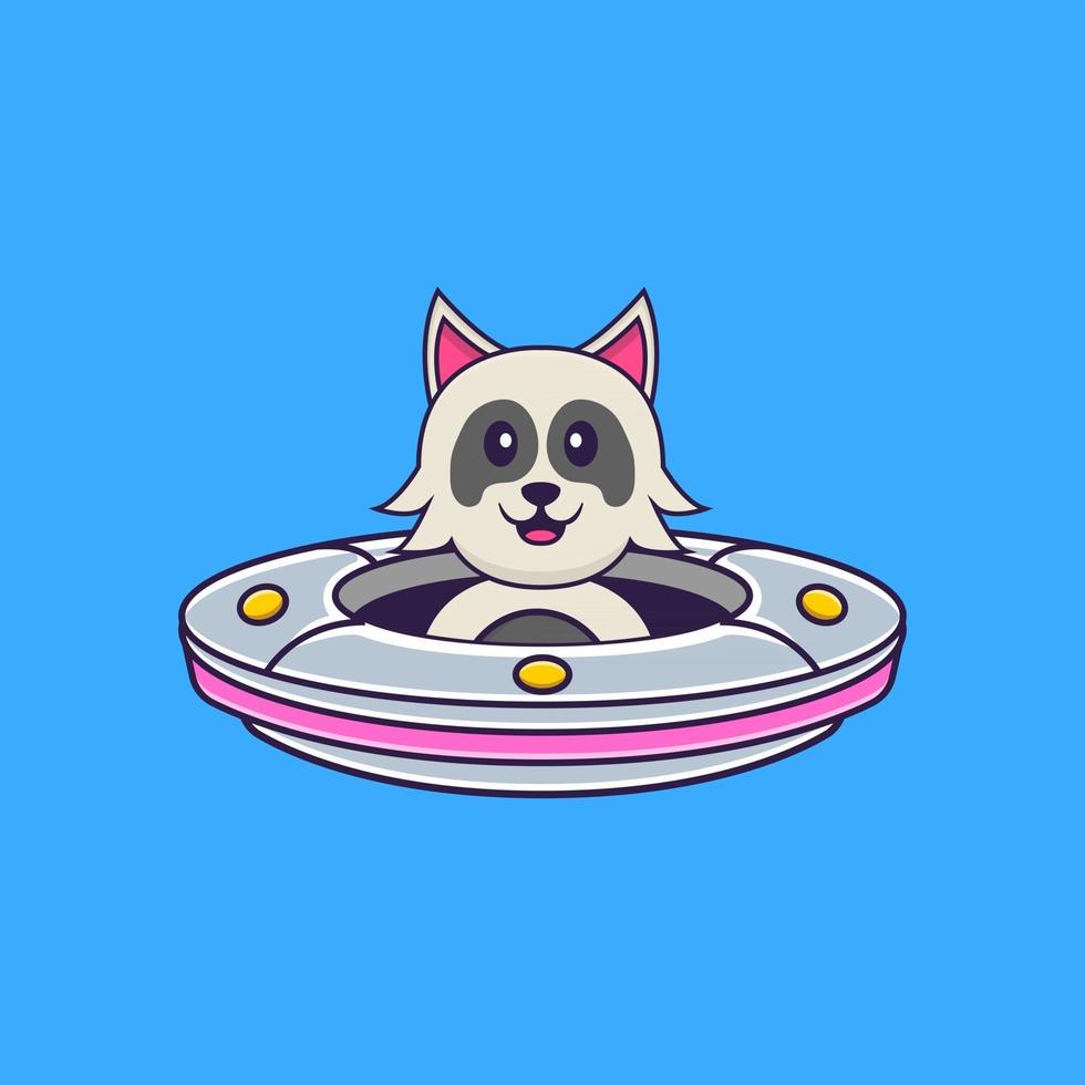 Cute dog Driving Spaceship Ufo. Animal cartoon concept isolated. Can used for t-shirt, greeting card, invitation card or mascot. Flat Cartoon Style vector