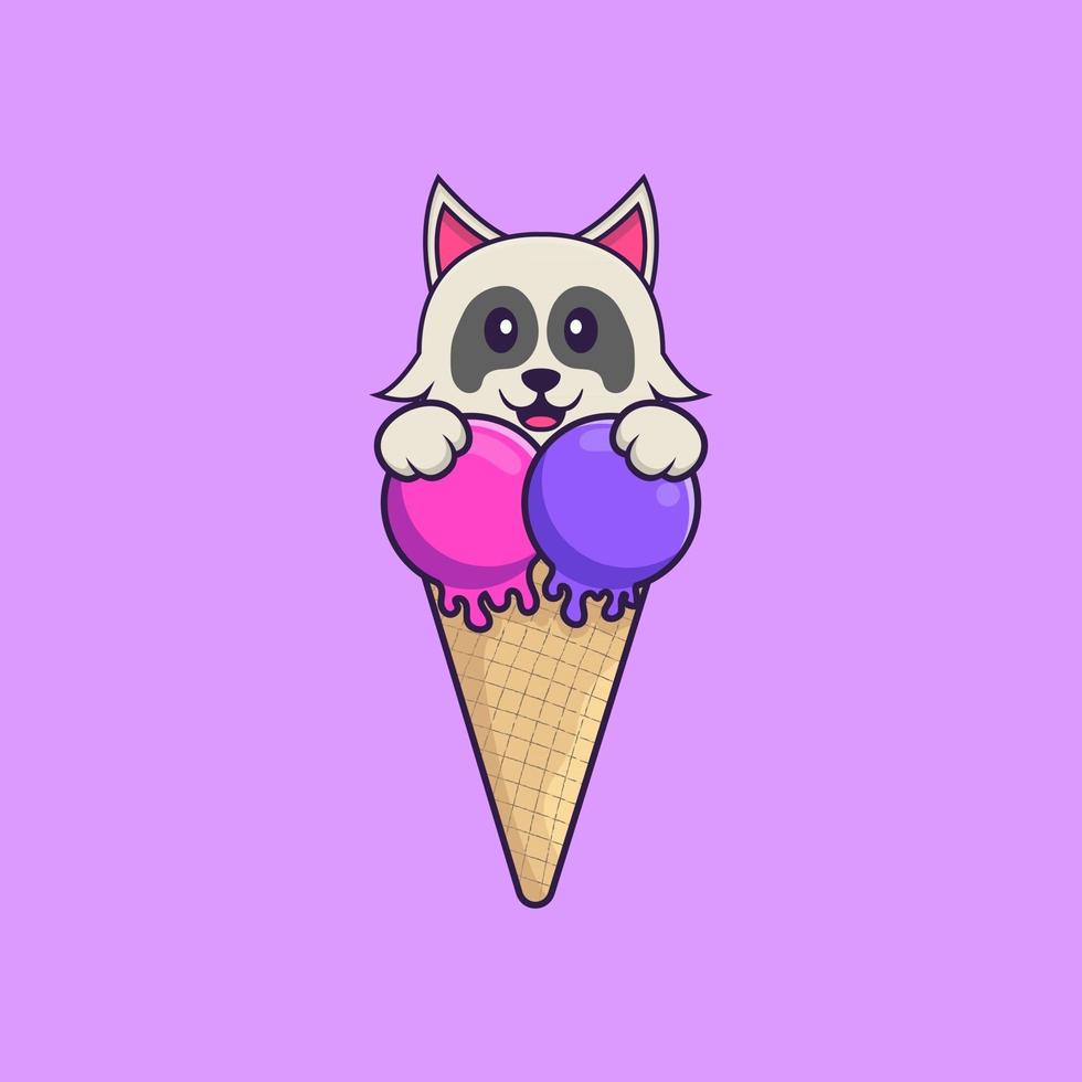 Cute dog with sweet ice cream. Animal cartoon concept isolated. Can used for t-shirt, greeting card, invitation card or mascot. Flat Cartoon Style vector