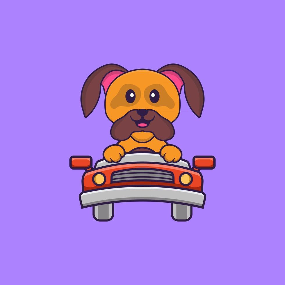 Cute dog is driving. Animal cartoon concept isolated. Can used for t-shirt, greeting card, invitation card or mascot. Flat Cartoon Style vector
