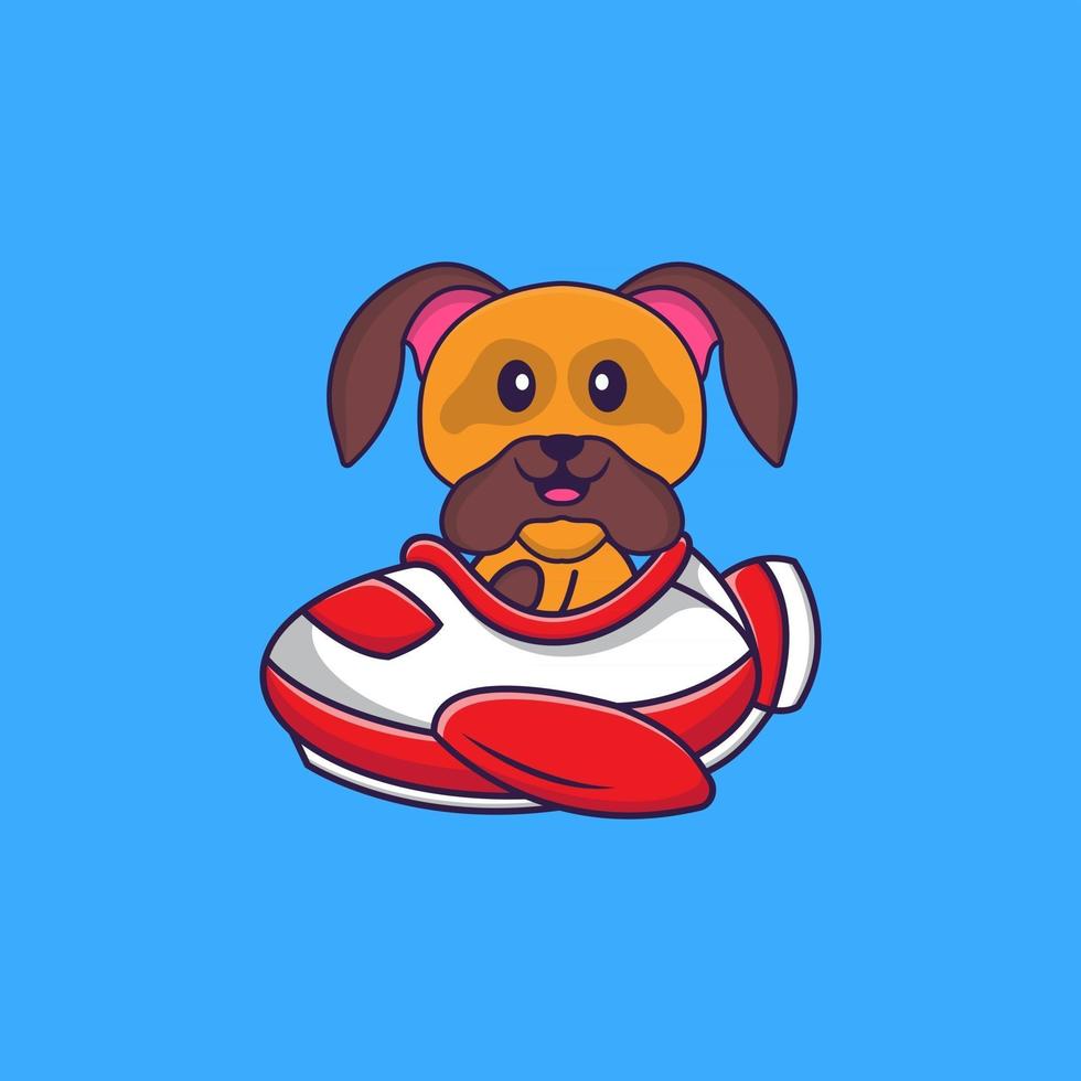 Cute dog flying on a plane. Animal cartoon concept isolated. Can used for t-shirt, greeting card, invitation card or mascot. Flat Cartoon Style vector