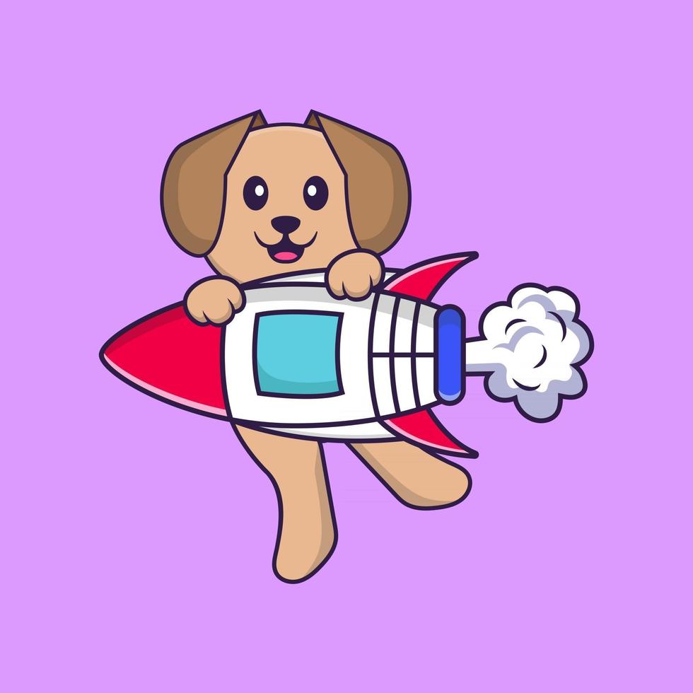 lindo perro volando en cohete. aislado concepto de dibujos animados de animales. Puede utilizarse para camiseta, tarjeta de felicitación, tarjeta de invitación o mascota. estilo de dibujos animados plana vector