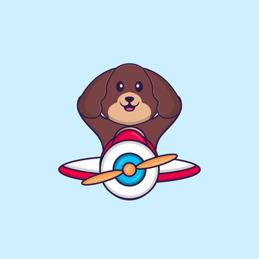 Cute dog flying on a plane. Animal cartoon concept isolated. Can used for t-shirt, greeting card, invitation card or mascot. Flat Cartoon Style vector