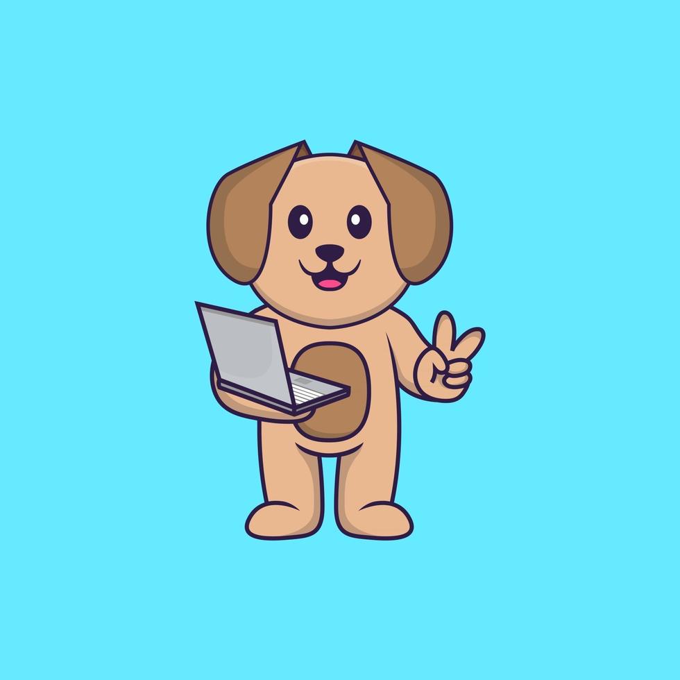 Cute dog holding laptop. Animal cartoon concept isolated. Can used for t-shirt, greeting card, invitation card or mascot. Flat Cartoon Style vector