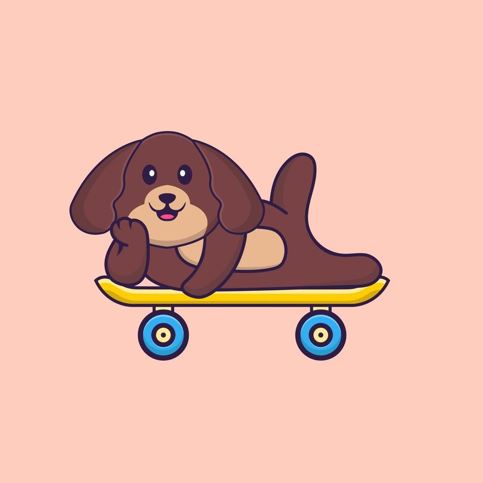 Cute dog lying on a skateboard. Animal cartoon concept isolated. Can used for t-shirt, greeting card, invitation card or mascot. Flat Cartoon Style vector