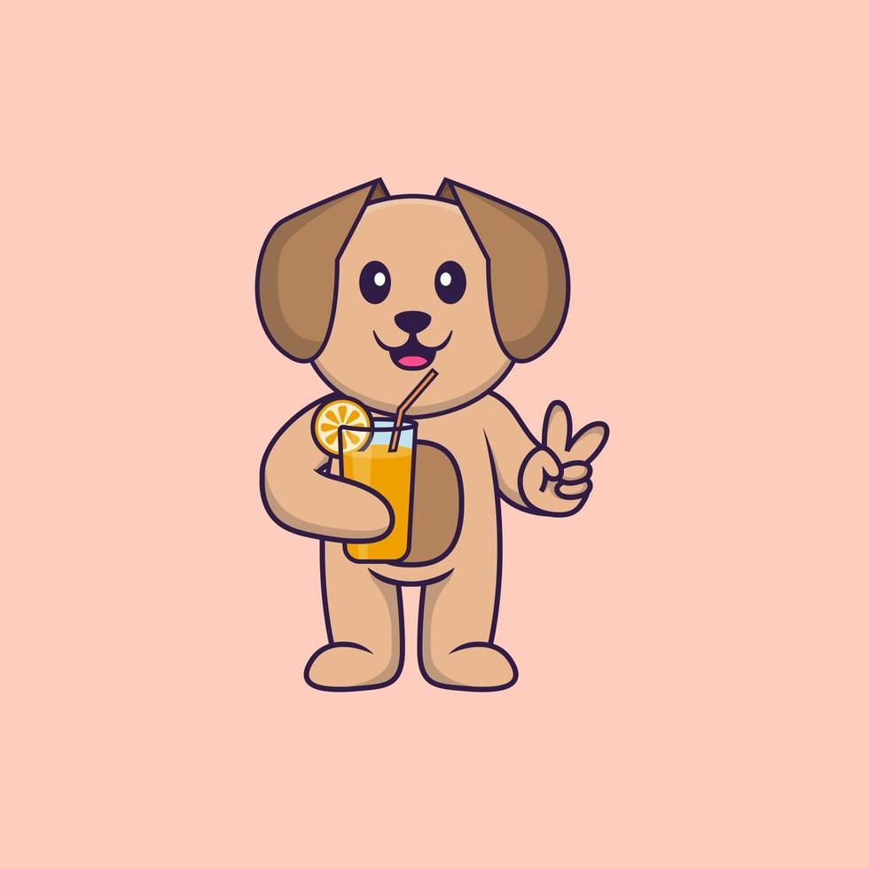 Cute dog holding orange juice in glass. Animal cartoon concept isolated. Can used for t-shirt, greeting card, invitation card or mascot. Flat Cartoon Style vector