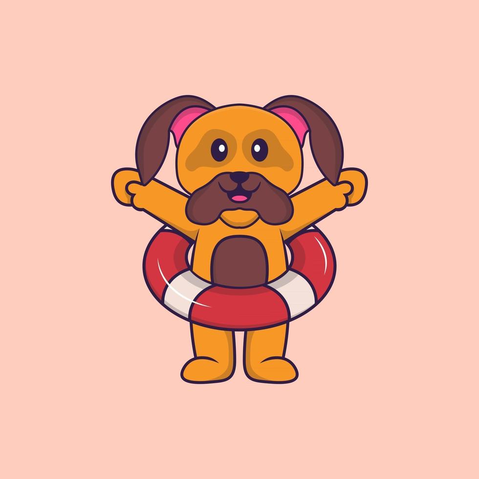 Cute dog using a float. Animal cartoon concept isolated. Can used for t-shirt, greeting card, invitation card or mascot. Flat Cartoon Style vector