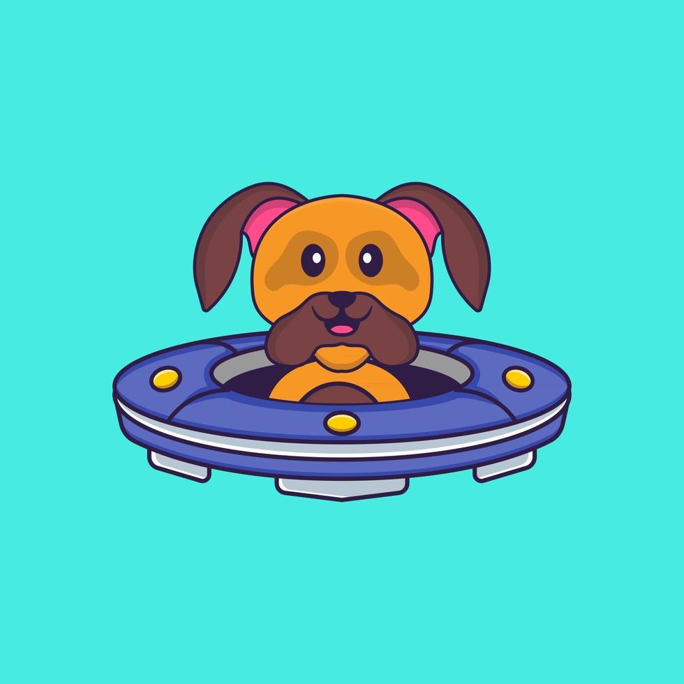 Cute dog Driving Spaceship Ufo. Animal cartoon concept isolated. Can used for t-shirt, greeting card, invitation card or mascot. Flat Cartoon Style vector