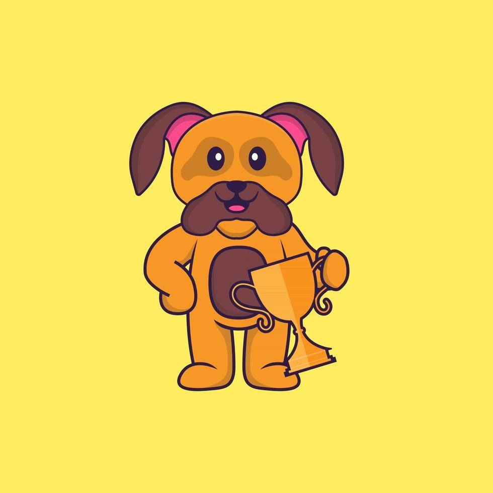 Cute dog holding gold trophy. Animal cartoon concept isolated. Can used for t-shirt, greeting card, invitation card or mascot. Flat Cartoon Style vector
