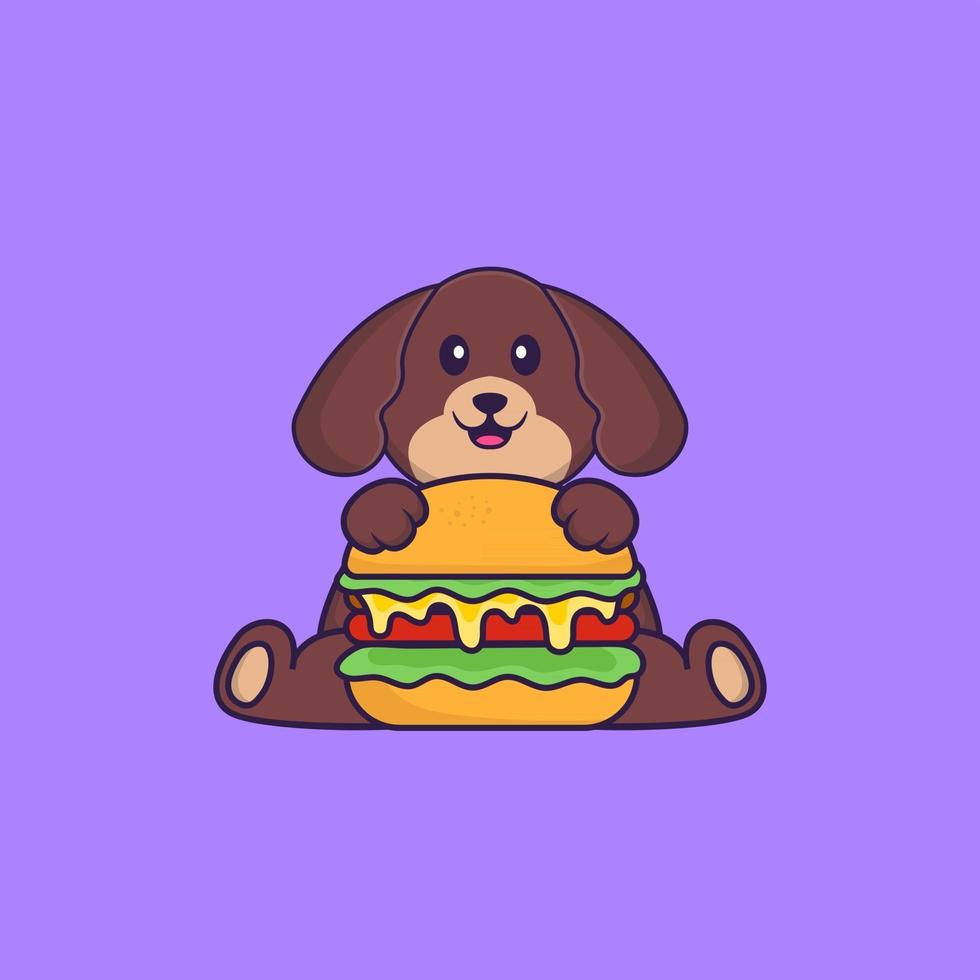 Cute dog eating burger. Animal cartoon concept isolated. Can used for t-shirt, greeting card, invitation card or mascot. Flat Cartoon Style vector