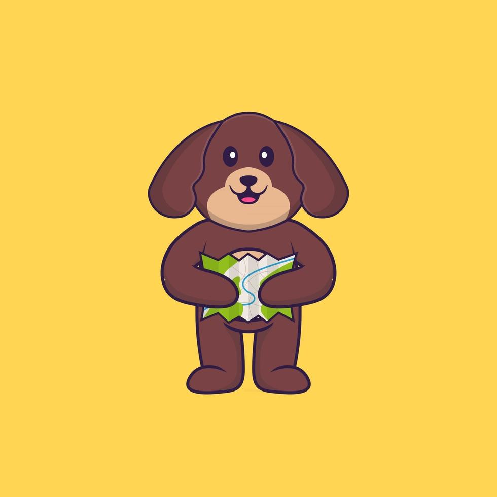 Cute dog holding a map. Animal cartoon concept isolated. Can used for t-shirt, greeting card, invitation card or mascot. Flat Cartoon Style vector