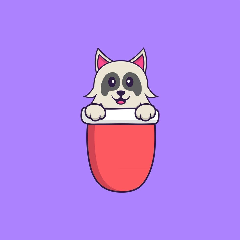 Cute dog in red pocket. Animal cartoon concept isolated. Can used for t-shirt, greeting card, invitation card or mascot. Flat Cartoon Style vector