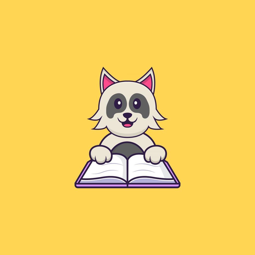 Cute dog reading a book. Animal cartoon concept isolated. Can used for t-shirt, greeting card, invitation card or mascot. Flat Cartoon Style vector