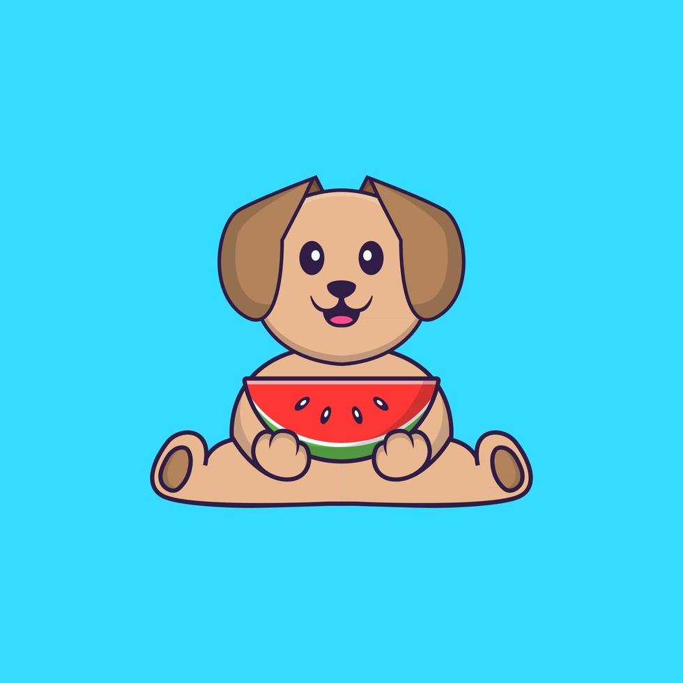 Cute dog eating watermelon. Animal cartoon concept isolated. Can used for t-shirt, greeting card, invitation card or mascot. Flat Cartoon Style vector