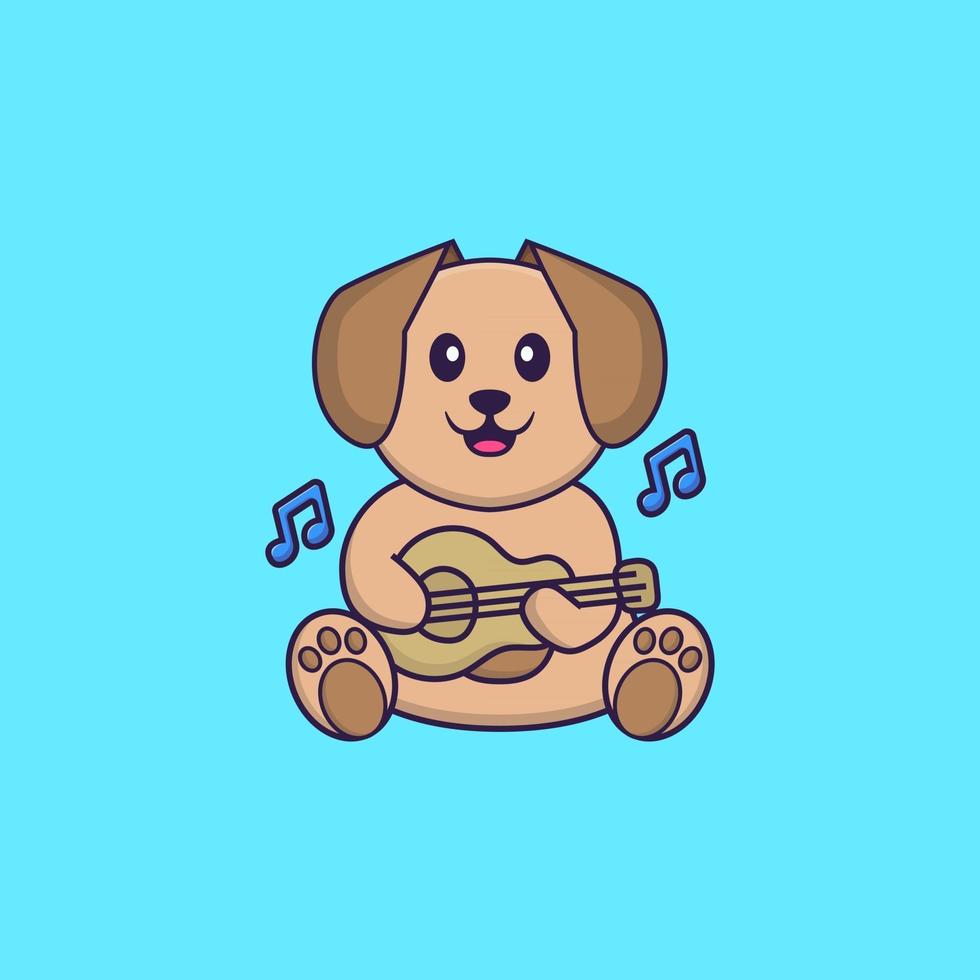 Cute dog playing guitar. Animal cartoon concept isolated. Can used for t-shirt, greeting card, invitation card or mascot. Flat Cartoon Style vector