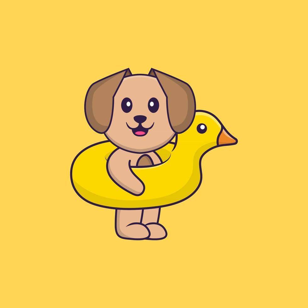 Cute dog With Duck buoy. Animal cartoon concept isolated. Can used for t-shirt, greeting card, invitation card or mascot. Flat Cartoon Style vector